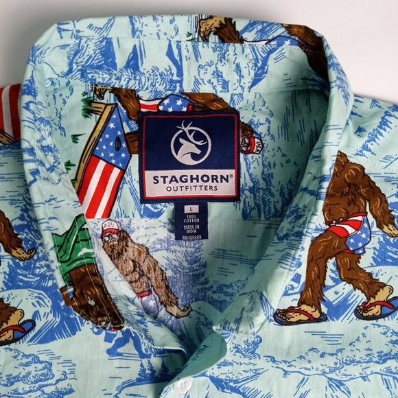 VTG Staghorn Bigfoot Sasquatch Short Sleeve Mens Button Shirt Large USA Hawaiian - Picture 4 of 5